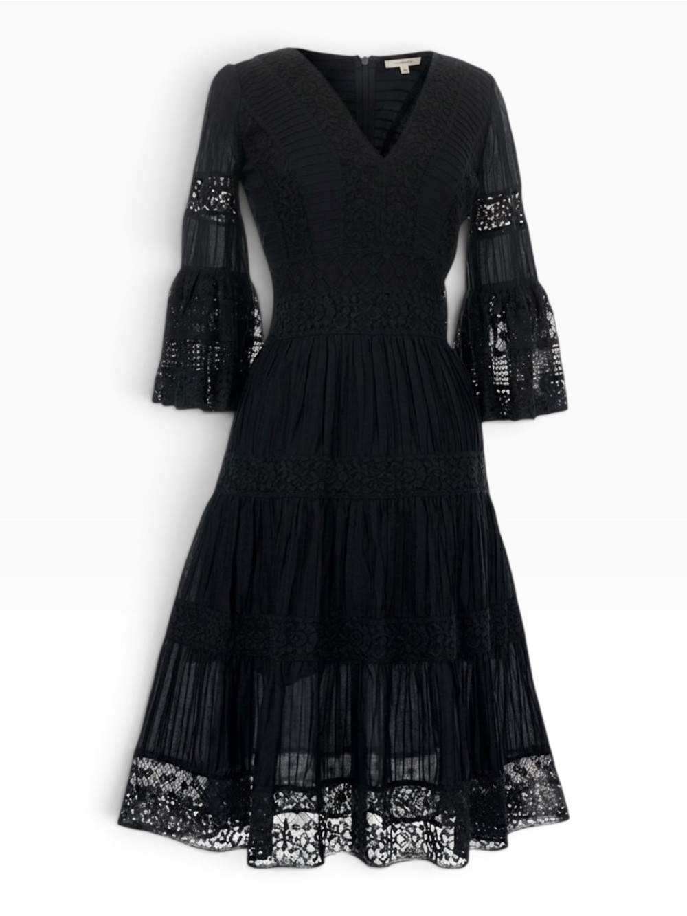 Temperley London Edith Black Cotton Midi Dress Lace Inserts Bell Sleeves US 6